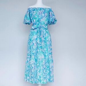 Lilly Pulitzer Women’s Tamie Off-the-Shoulder Midi Dress in Surf Blue Size Small